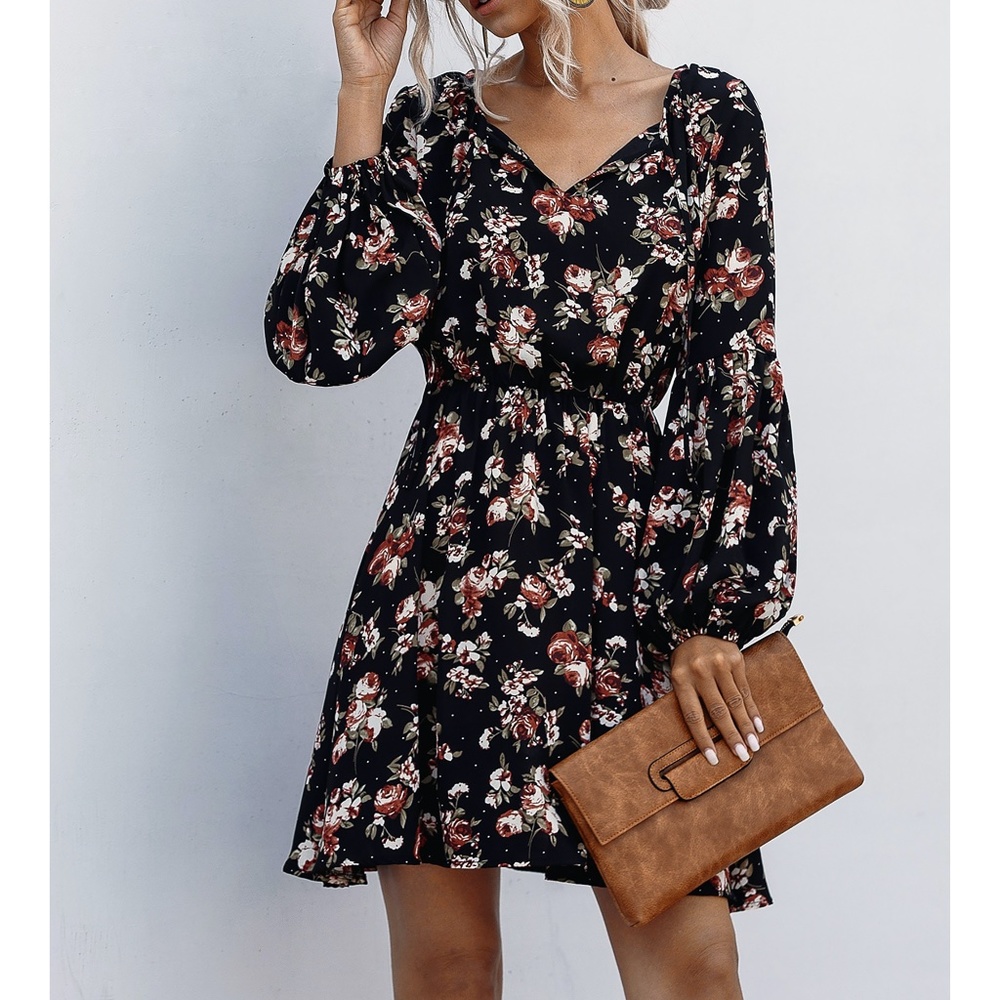 Black Floral Print Long Sleeve Fit & Flare Dress